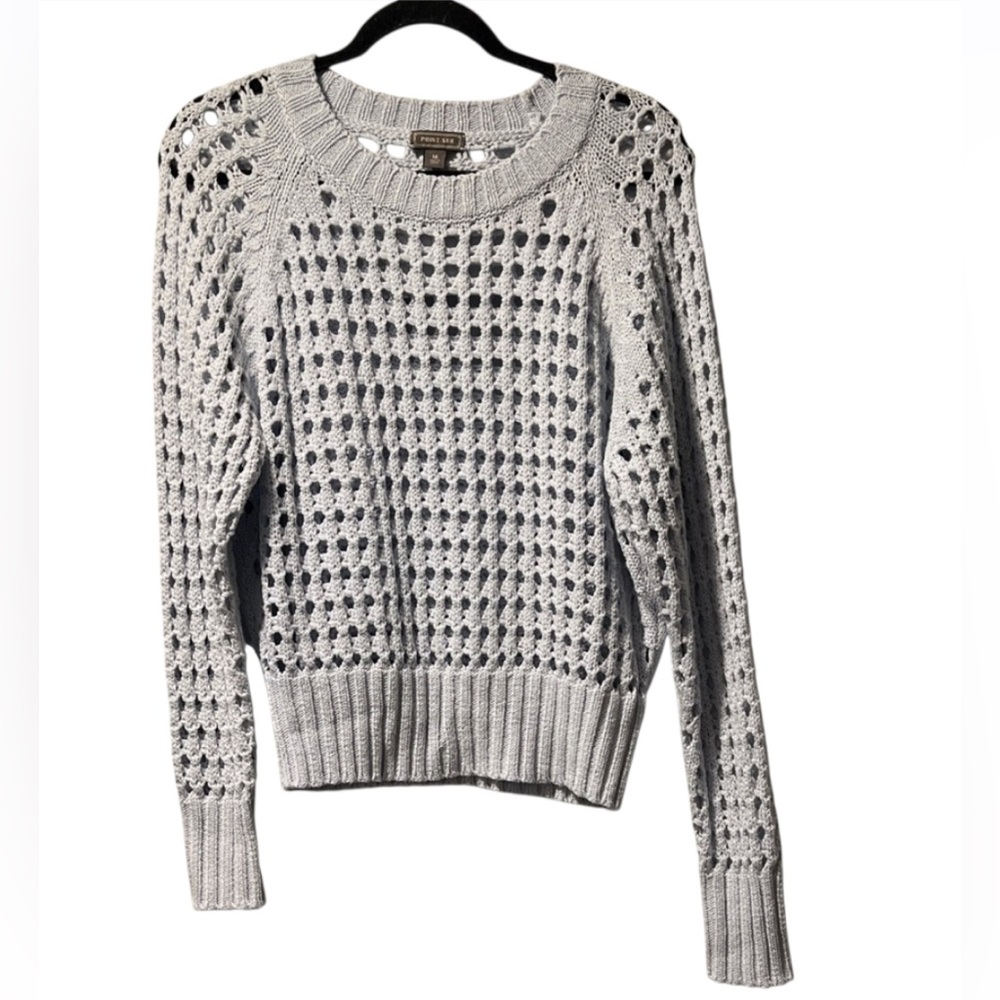 J Crew Point Sur Crew Neck Allover Pointelle Sweater Powder Blue Open Knit M EUC
